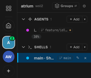 The sidebar with a working agent's liveness dot, its 38% context chip, and a green badge on the project avatar counting agents that need attention.