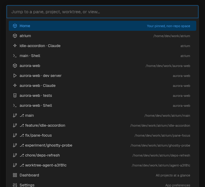 The Switcher overlay listing panes, projects, worktrees, and views with fuzzy search.